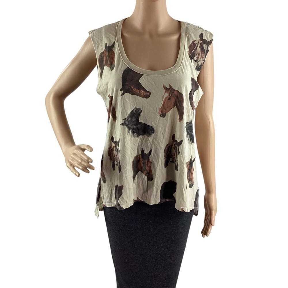 CHASER Horse Print Sleeveless Tank Top Cream Small